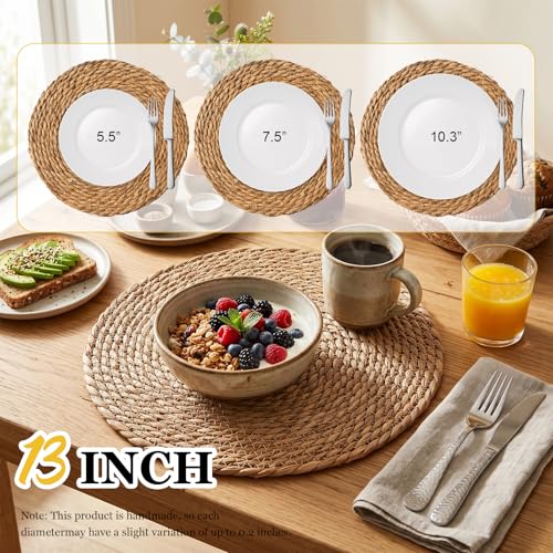 Image of 24 Pcs Round Woven Placemats - Yedoler 13 in Farmhouse Boho Straw Heat Resistant Outdoor Patio Rattan Wicker Table Mats, Natural Water Hyacinth Place Mats Coasters for Dining Table,Home,Wedding
