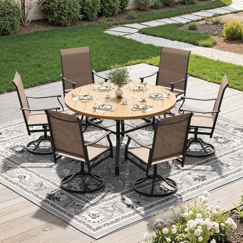 Image of Soohow Outdoor Dining Set for 6, 7-Piece Patio Table and Chairs Set, 6 x Swivel Patio Dining Chairs and 47 inch Wood-Like Round Outdoor Table with 1.57 inch Umbrella Hole for Backyard, Poolside