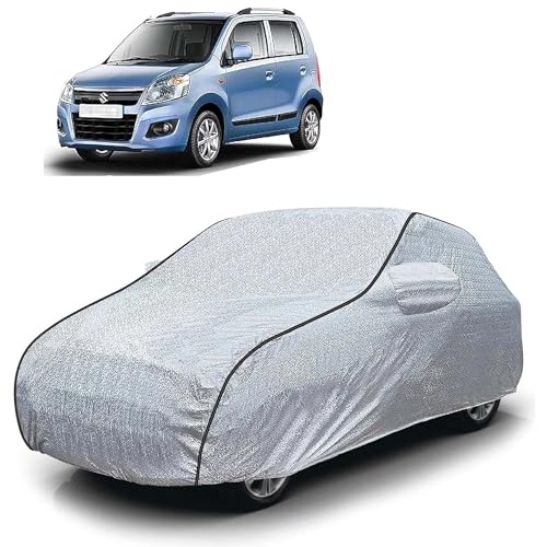 Image of Sulfar 100% Waterproof Car Body Cover Compatible with Mirror for Maruti Suzuki New Wagonr (2010 (Triple Stitched, Full Bottom Elastic, Magic Silver with Black Piping)