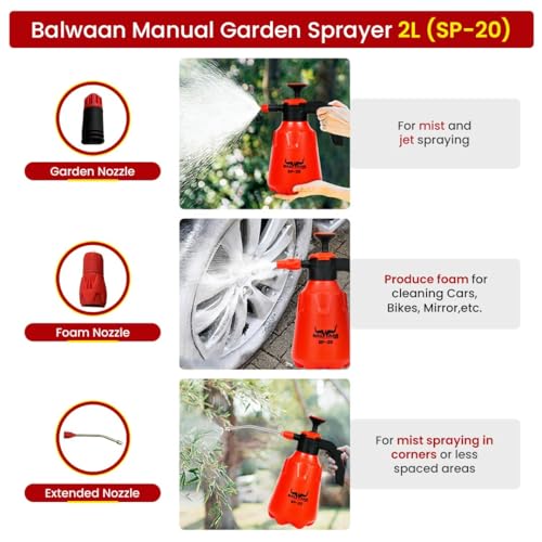 Image of Balwaan Krishi 3 in 1 Manual Sprayer with 2 Litre Tank Capacity | SP-20 | Garden Sprayer Used for Agriculture, Foaming, Car&bike wash, Pesticides, Gardening, Glass Cleaning& Disinfection