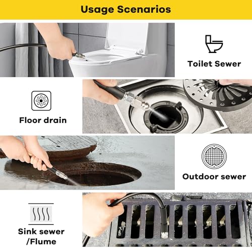 Image of Pressure Washer Drain Jetter - Sewer Jetter Kit for Pressure Washer 50ft 1 /4 Inch NPT Hose Nozzles and Adapter 5800PSI Clears Clogs in Pipes & Sewer Lines