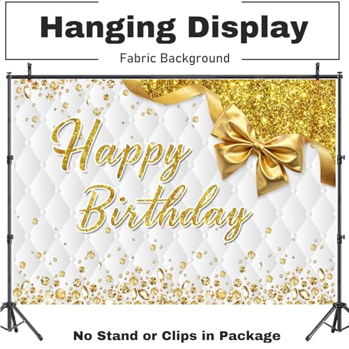 Fabric 7x5ft Luxury Diamonds Birthday Party Backdrop Elegant Gold and White Bow Dripping Glitter Bday Decorations Banner for Girls Women, Happy Birthday Photo Background