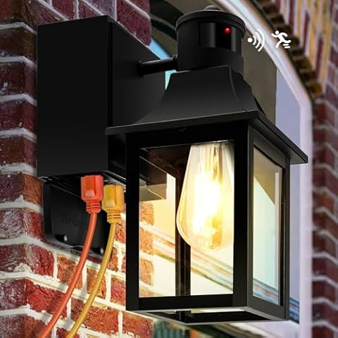 HIHUOS Porch Lights with GFCI Outlet, Dusk to Dawn Motion Sensor Outdoor Lights, 3 Lighting Modes Front Door Lights, Waterproof Exterior Light Fixture, Outside Wall Sconce for House Patio Garage Cover