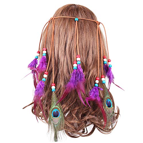 Petalum Böhmische Pfau Feder Kopfschmuck Stirnband Flechten Haar Band Stirnband Blei Seil Kostüm für Abendkleider Fasching Karneval Festnacht (Type 2 Lila)