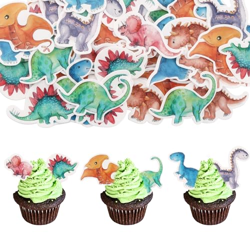 Gyufise 50Pcs Edible Dinosaur Cake Decorations Jungle Safari Dinosaur Cupcake Toppers Dino Cake Toppers for Dinosaur Theme Baby Shower Birthday Party Cake Decor Supplies