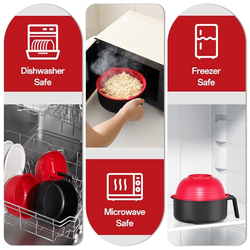 Image of MEACOLIA Jumbo 50 oz Microwave Ramen Cooker Bowl for Double Portion, Spill-Free Rapid Noodle Pasta Cooker with Lid & Drain Strainer, College Dorm Essentials for Girls Guys, Apartment Friendly