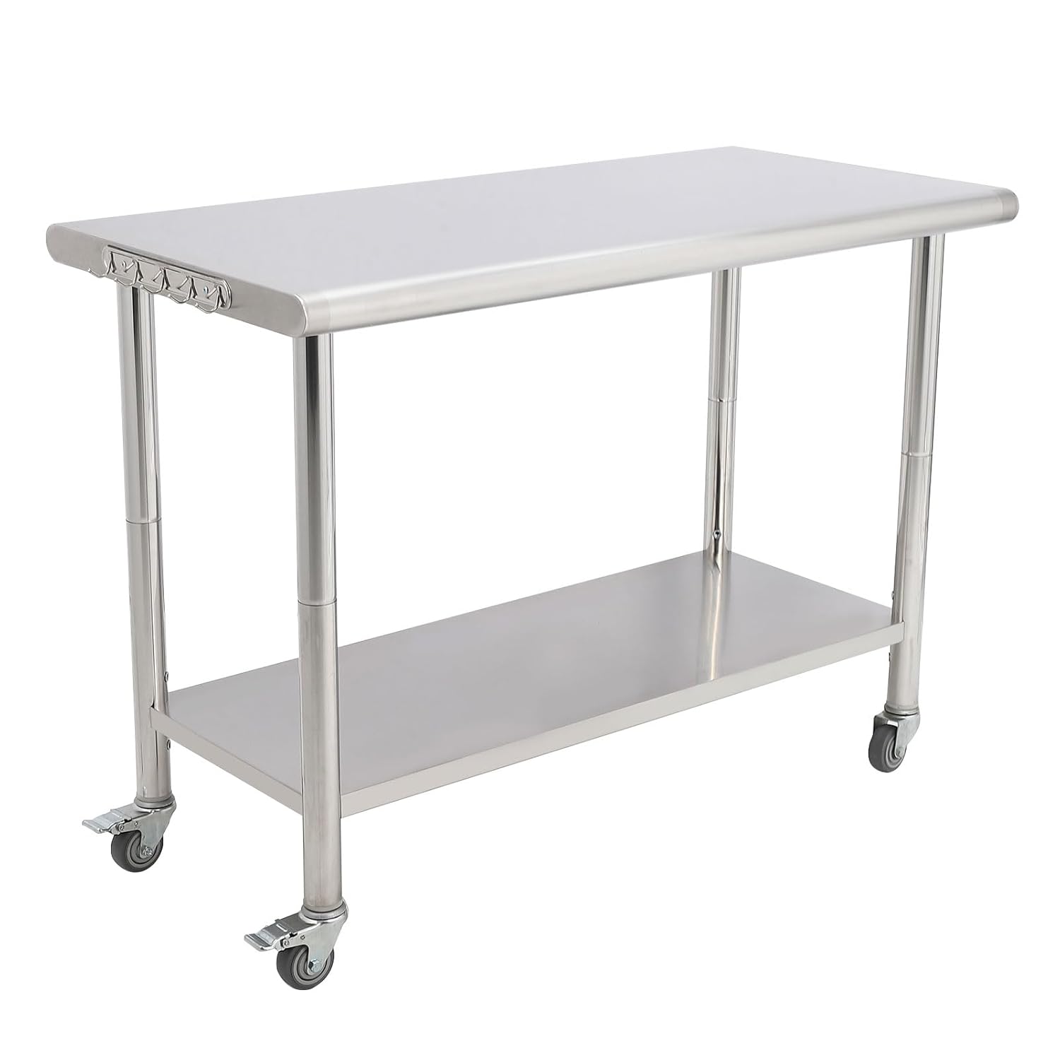 48 X 24 Inch Stainless Steel Prep Table with Lockable Wheels, NSF Certified Heavy Duty Kitchen Work Table with Adjustable Undershelf & Side Hooks, Rustproof for Restaurants, Bakeries