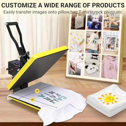 AKEYDIY Heat Press, 15x15 Slide Out Heat Press Machine for T Shirts, Digital Clamshell Heat Transfer Machine for Sublimation, Industrial Shirt Printer for Canvas, Pillows, Coasters, Puzzles (Yellow) by AKEYDIY - Image 2
