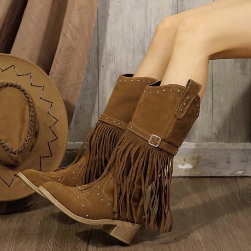 SACFOF Women Fringe Cowboy Boots Stud Square Toe Mid Calf Western Boots Tassel Cowgirl Boots Stacked Heel Mid Calf Pull On Boot3