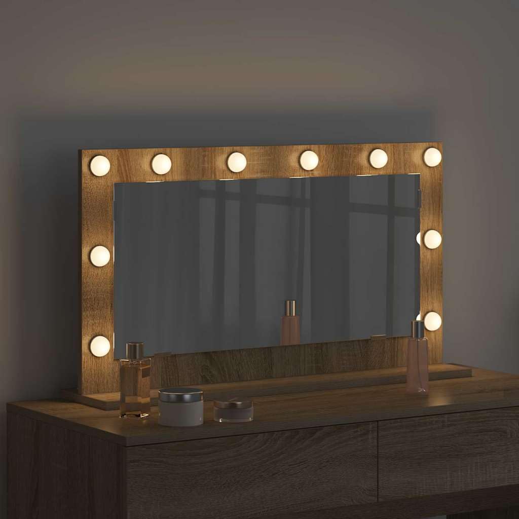 Espejo de tocador LED Sonoma roble cristal espejo plano ángulo recto 80 x 45 x 18 cm blanco cálido USB para espejo de baño, armario, dormitorio