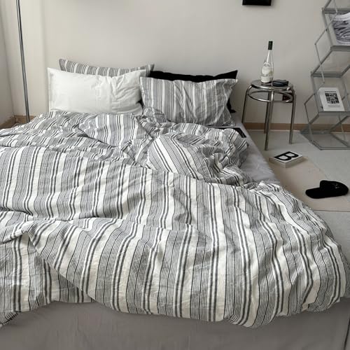 Image of Striped Duvet Cover Set, Queen Size, Dark Grey & White, 3 Pieces | Men's Cotton Bedding Set, Modern Preppy Style, Boys Comforter Cover for College Dorm, 90 inchx90 inch