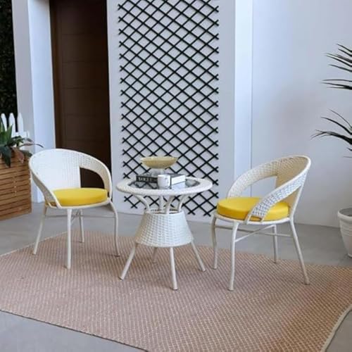 Image of Furniture 2 Chair 1 Table with Cushion for Outdoor, Indoor, Patio, Rattan Chair, Living Room, Dining Room, Garden, Chair Set with Table (D-12 Off White & Yellow 2+1)