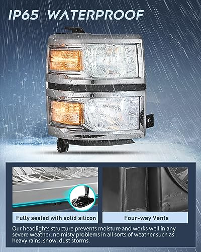 Image of Nilight Headlight Assembly for 2014 2015 Chevy Silverado 1500 Pickup Truck | Replacement Headlamp Chrome Housing Clear Reflector Driver and Passenger Side