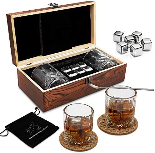 Whiskey Gift Sets for Men,Whisky Glass Set of 2 Glasses with 6 Stainless Steel Reusable Ice Cubes,2Classic Coasters,Mixing Spoon,Velvet Bag,Whiskey Stones Set for Christmas,Thanksgiving,Fathers Day