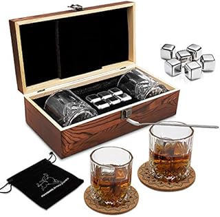 Whiskey Gift Sets for Men,Whisky Glass Set of 2 Glasses with 6 Stainless Steel Reusable Ice Cubes,2Classic Coasters,Mixing Spoon,Velvet Bag,Whiskey Stones Set for Christmas,Thanksgiving,Fathers Day