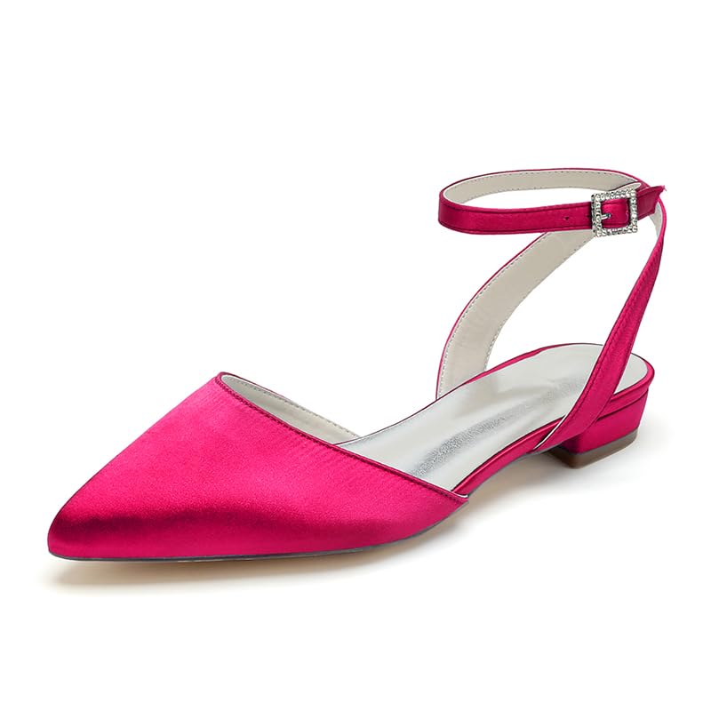 Women's Satin Wedding Flats for Bride Bridal Shoes Low Heel Closed Pointy Toe Pumps Ankle Strap Sandals