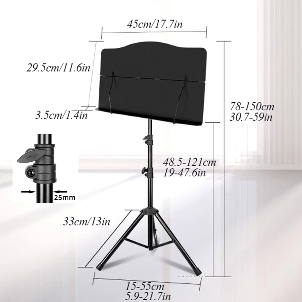 Tragbarer Notenständer, Faltbarer Notenhalter, Schwarze Notenständer, höhenverstellbar 78–150 cm, mit Tragetasche