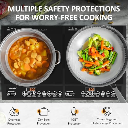 Image of Sunvivi Portable Induction Cooktop: 2 Burners in 1, Commercial-Grade Electric Countertop Stove with LED Touchscreen, 8 Power Levels & Precise Temp Control (176F-518F), Independent Timer, Black