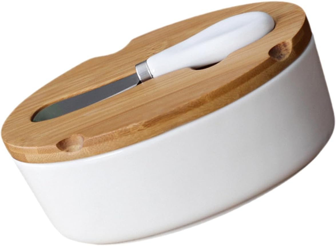 Ceramic Butter Dish with Lid and Cutter Set Oval Butter Crisper Storage Container for Kitchen and Home