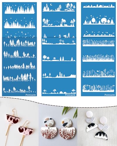 Puocaon Pine Clay Silk Screen - 6 Pcs Reusable Pine Tree Stencils for Polymer Clay Jewelry Making, Forest Screen for Earrings