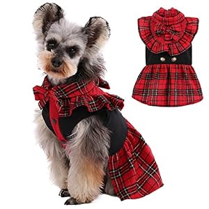Kuoser Dog Classic Red Plaid Dress for Small Medium Dogs Puppy Bowknot Tutu Dress with D Ring Buckle Cute Pet Vest Dog Princess Skirt for Wedding Holiday Party Photography