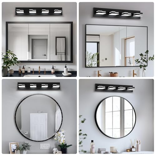 Image of LED Modern Bathroom Vanity Light Fixtures 4-Light, 25.5 inch Dimmable Black Vanity Lights for Bathroom Lighting Fixtures Over Mirror, with 350Rotatable Acrylic Heads(White Light 5500K)