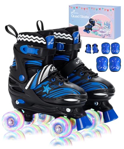 Sportneer Kids Roller Skates, 4 Adjustable Light up Roller Skates for Girls Boys Kids Toddlers Beginners, Kids Skates with Protective Gear Set Gift for Indoor & Outdoor Use