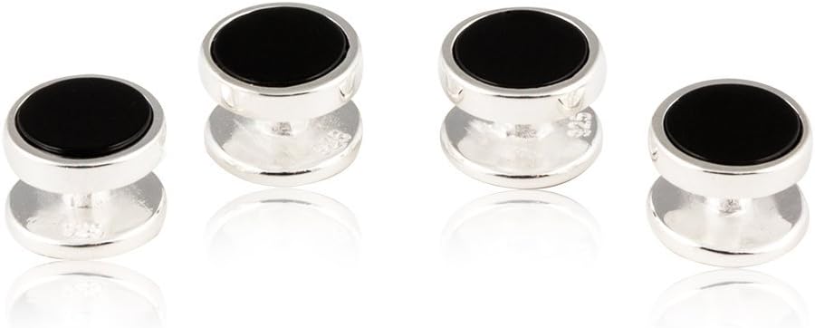 Mens Sterling Silver Black Onyx Cufflinks and Studs Formal Set with Presentation Box - Solid 925 Sterling Silver Wedding Party Tuxedo Shirt Studs - 5/8" cufflinks 3/8" studs Heirloom Luxury Set