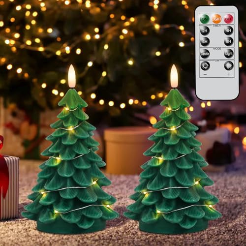 Image of Wondise Christmas Tree Flameless Candles with String Lights 11-Key Remote and Timer, Real Wax Battery Operated 3D Wick LED Flickering Candles for Christmas Holiday Indoor Dinner Decor(3 inch x 7.1 inch)