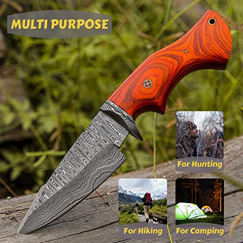 Fh Knives 10-Inch Handmade Damascus Steel Knife With Leather Sheath Razor Sharp Fixed Blade Knife For Men Ergonomic Orange Wood Handle #TOP5