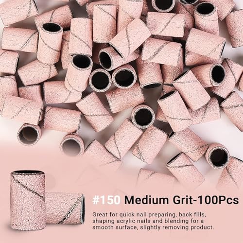 Image of MelodySusie 100 Pcs Nail Drill Bits Sanding Bands for Nail Drill 150 Medium Grit Nail File Sanding Bands for Acrylic Nails Gel Manicures and Pedicure