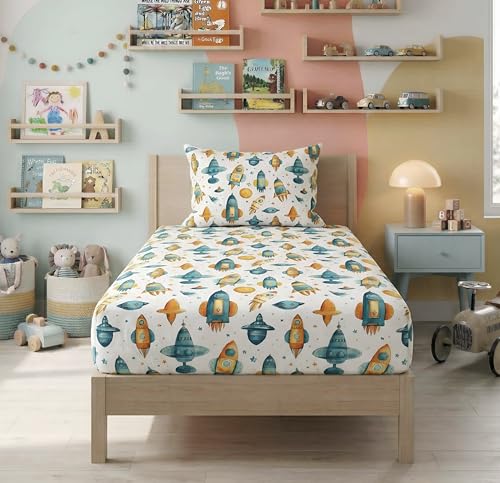 Image of HOMEKART 100% Cotton Kids Fitted Bedsheet with Pillow Cover, 220TC Soft Breathable Elastic Bedspread, Cute Animal Print, 72x36x8 Inch (Space Theme Print Pearl)