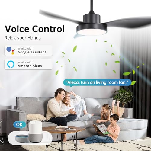Image of Sofucor 47 Inch Ceiling Fan with Lights Flush Mount Modern Outdoor Ceiling Fans with Remote Control, 3CCT Dimmable 6 Speeds Quiet DC Motor & Timer for Patio Bedroom Living Room (Black, 47INCH)