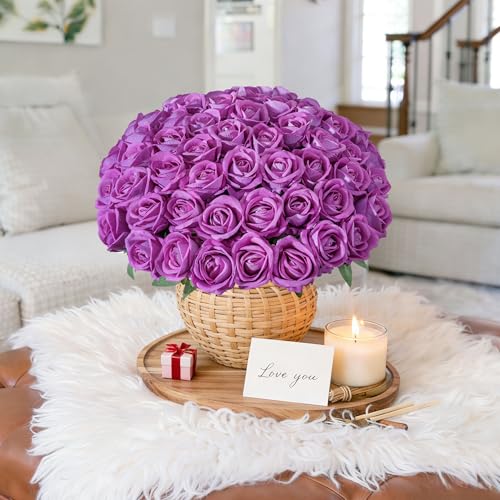 Image of 50 PCS Roses Artificial Flowers, Fake Roses with Stem Realistic Fuchsia Silk Roses for DIY Wedding Bouquets Table Centerpieces Arrangements Baby Shower Birthday Home Decor Valentine's Day Gift for Her