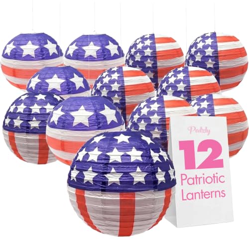 Podzly Patriotic Lanterns 12 Pack – 12-Inch Red, White, Blue American Flag Paper Lanterns – 4th of July Decorations, Parties & Events – Lightweight, Easy-to-Hang, Reusable – Indoor & Outdoor Use