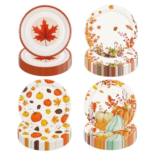48PCS Christmas Paper Plates Party Supplies, 7inch Disposable Dessert Plates Red Green Orange Cream Colored for Fall Harvest Thanksgiving Halloween Christmas Birthday Baby Shower Tableware 4