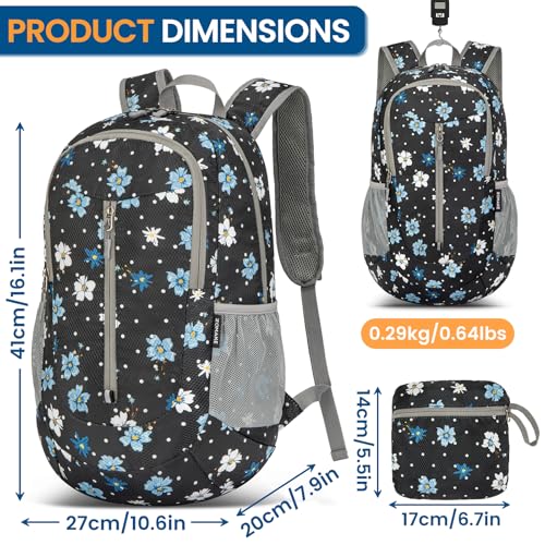 Image of ZOMAKE Ultra Lightweight Packable Backpack 25L, Foldable Hiking Backpacks Water Resistant Small Folding Daypack for Travel(Black, White Polka Dot Floral)