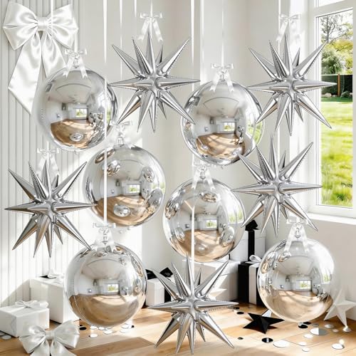 Image of 9 Pcs Silver Round Foil Balloons and Star Balloons 22 /18 4D Ball Balloon Metallic Silver Explosion Star Shaped Mylar Balloon for Graduation Birthday Wedding Anniversary Disco Prom Party Decor