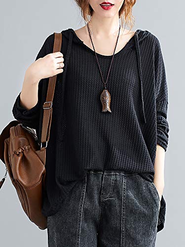 Leeofty Moletom feminino com capuz com cordão manga comprida cor sólida solto moletom com capuz pulô