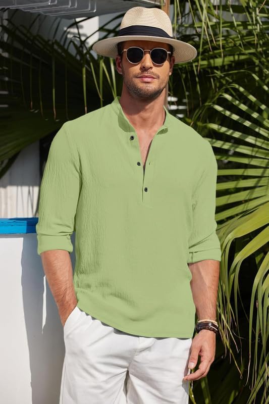 Image of Men's Cotton Blend Straight Kurta Shirt Combo with Mandarin Collar - Slim Fit Casual Short Kurti Set Featuring Textured Slub Fabric and Roll-Up Full Sleeves