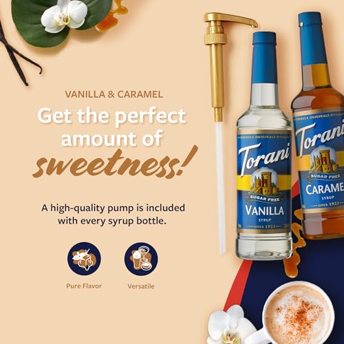 Image of Torani Sugar Free Caramel Syrup and Sugar Free Vanilla Syrup Variety 2-Pack, Coffee Syrups for Drinks, Pumps Included, 25.4 Fl Oz Ea