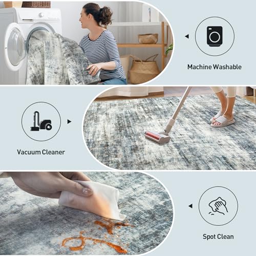 10x14 Area Rugs Washable Rug: Modern Abstract Living Room Rug Soft Anti-Skid Thin Carpet Indoor Floor Non-Shedding Carpets for Bedroom Dining Room Farmhouse Nursery Home Office Blue Multi