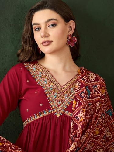 Image of SheWill Women's Mustard American Crepe Zari Sequence Embroidered Alia Cut Kurta with Pant and Dupatta