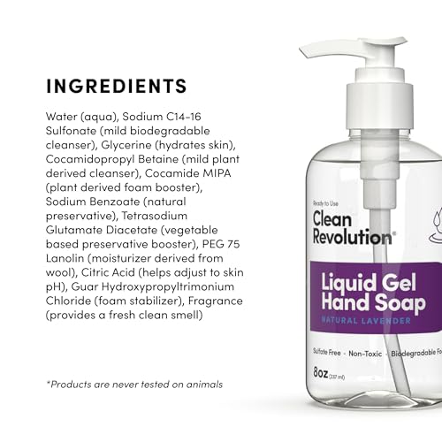 Image of Clean Revolution Liquid Gel Hand Soap, Silky Rich Liquid, Quick Lather, Fast Rinsing, Contains Real Essential Oils (Natural Lavender) 8 Fl Oz (Pack of 6)