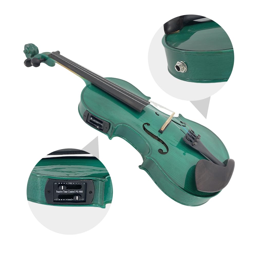 Yinfente 4/4 violino elettrico e acustico full-size, 4 corde, abete d'acero per studenti, bambini, principianti, custodia rigida, arco in legno brasiliano, cavo, panno di pulizia (verde)