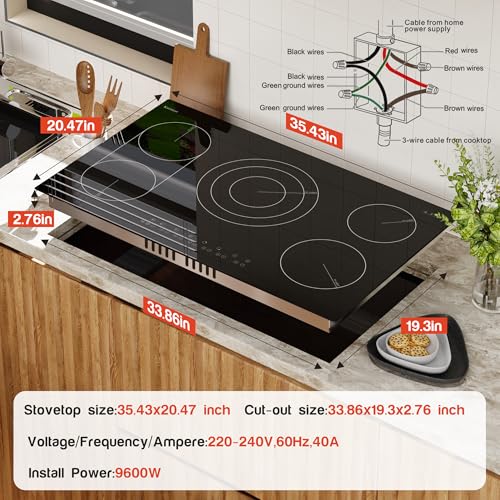 Image of Karinear 36 Inch Electric Cooktop, 5 Burners Electric Stove Top, Drop-in | Flexible Bridge &Triple Ring Expandable Burners, Pause, Timer, Child Lock, 9600W, Built-in Ceramic Cooktop 220-240V HardWired