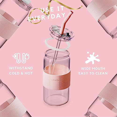 Colovie Glass Tumbler With 3 In 1 Lids And Glass Straws(Extra Silicone Tips), Silicone Protective Sleeve, Iced Coffee Cup, Travel Water Bottle, Soda Beer Can Shaped Cups, Hot Tea-Chalk Pink 16Oz 1Pc #TOP2