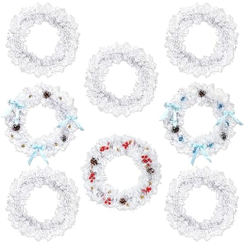 8 Pieces 12 inch Large Artificial Pine Wreaths Farmhouse Wreath Christmas Outdoor White Christmas Decorations Green Christmas Wreaths for Windows Front Door Outside (White) Cover