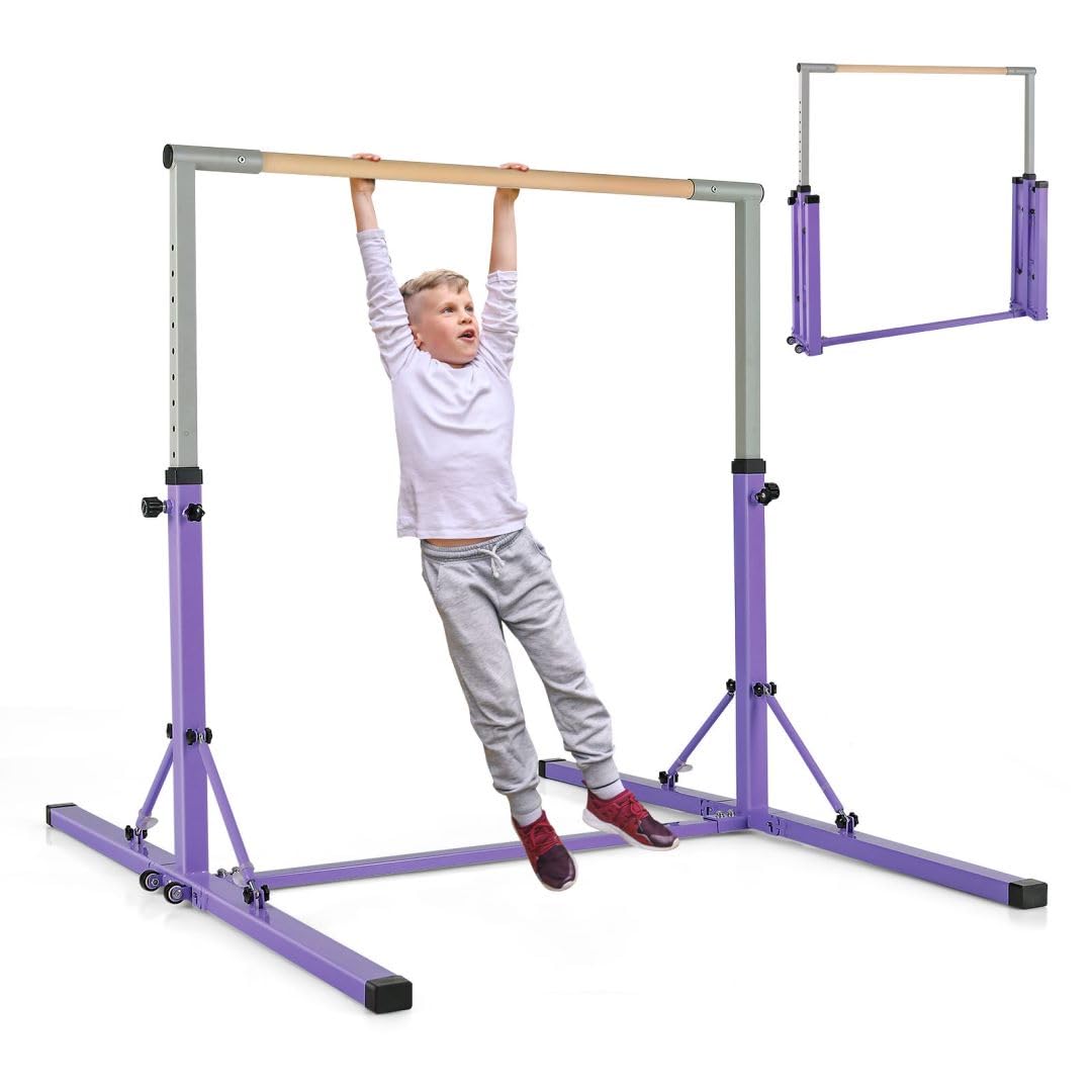 COSTWAY Foldable Gymnastics Bar, 90-150cm Height Adjustable Training Bar with Easy Moving Wheels and Non-slip Feet, Home Gym Equipment for Kids Juniors, 100kg Weight Capacity
