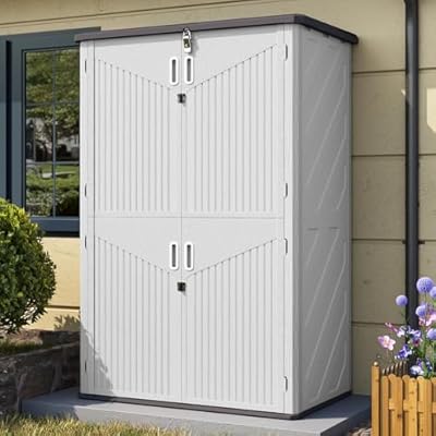 Aoxun Resin Shed 64 Cu.Ft Outdoor Waterproof Storage Cabinet Vertical Storage Shed with Floor Tall Outdoor Storage Cabinet for Lawnmowers, Generators, Garden Tools(White)